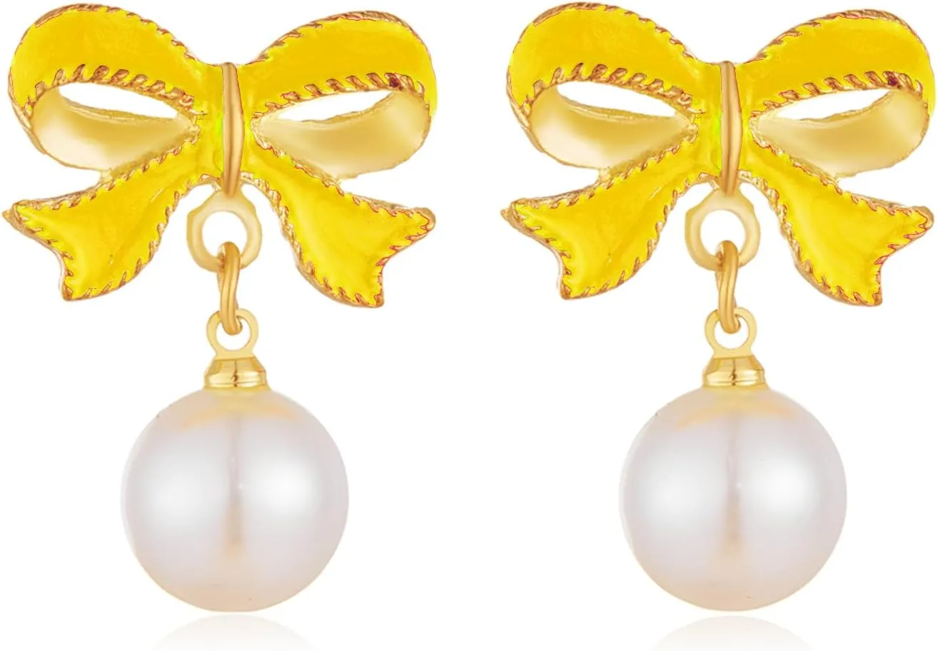 Pearl Bow Earrings for Women Christmas Bow Earrings Red Bow Dangle Earrings Coquette Earrings Bow Jewelry Rhinestone Gold Bow Earrings Silver Yellow Pink Bow Earrings Bow Stuff Christmas Jewelry for Women
