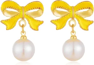 Pearl Bow Earrings for Women Christmas Bow Earrings Red Bow Dangle Earrings Coquette Earrings Bow Jewelry Rhinestone Gold Bow Earrings Silver Yellow Pink Bow Earrings Bow Stuff Christmas Jewelry for Women