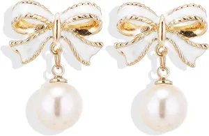 Pearl Bow Earrings for Women Delicate Bow Dangle Earrings Ribbon Bow Stud Earrings Bow Dangle Drop Earrings Preppy Cute Teen Christmas Jewelry Accessories