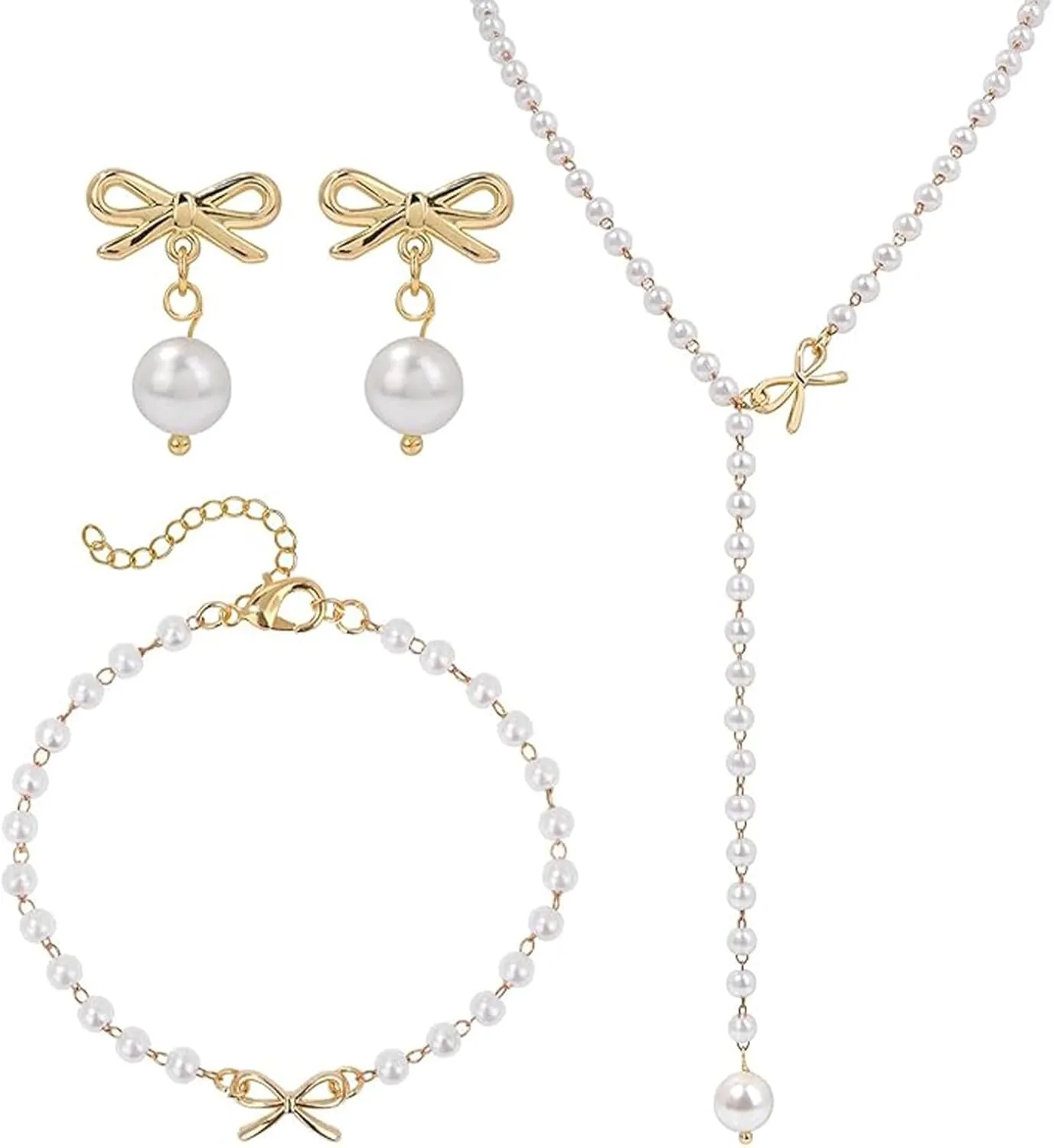 Pearl Bow Earrings Necklace Bracelet Set Pearl Necklace and Earring Set Dainty Gold Bow Earrings Wedding Bride Bridesmaid Jewelry Gift