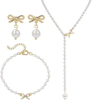 Pearl Bow Earrings Necklace Bracelet Set Pearl Necklace and Earring Set Dainty Gold Bow Earrings Wedding Bride Bridesmaid Jewelry Gift