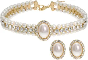 Pearl Choker Necklace for Women Gold Crystal Rhinestone Pearl Collar Statement Necklaces Earrings Bridal Pearls Diamond jewelry Set for Wedding
