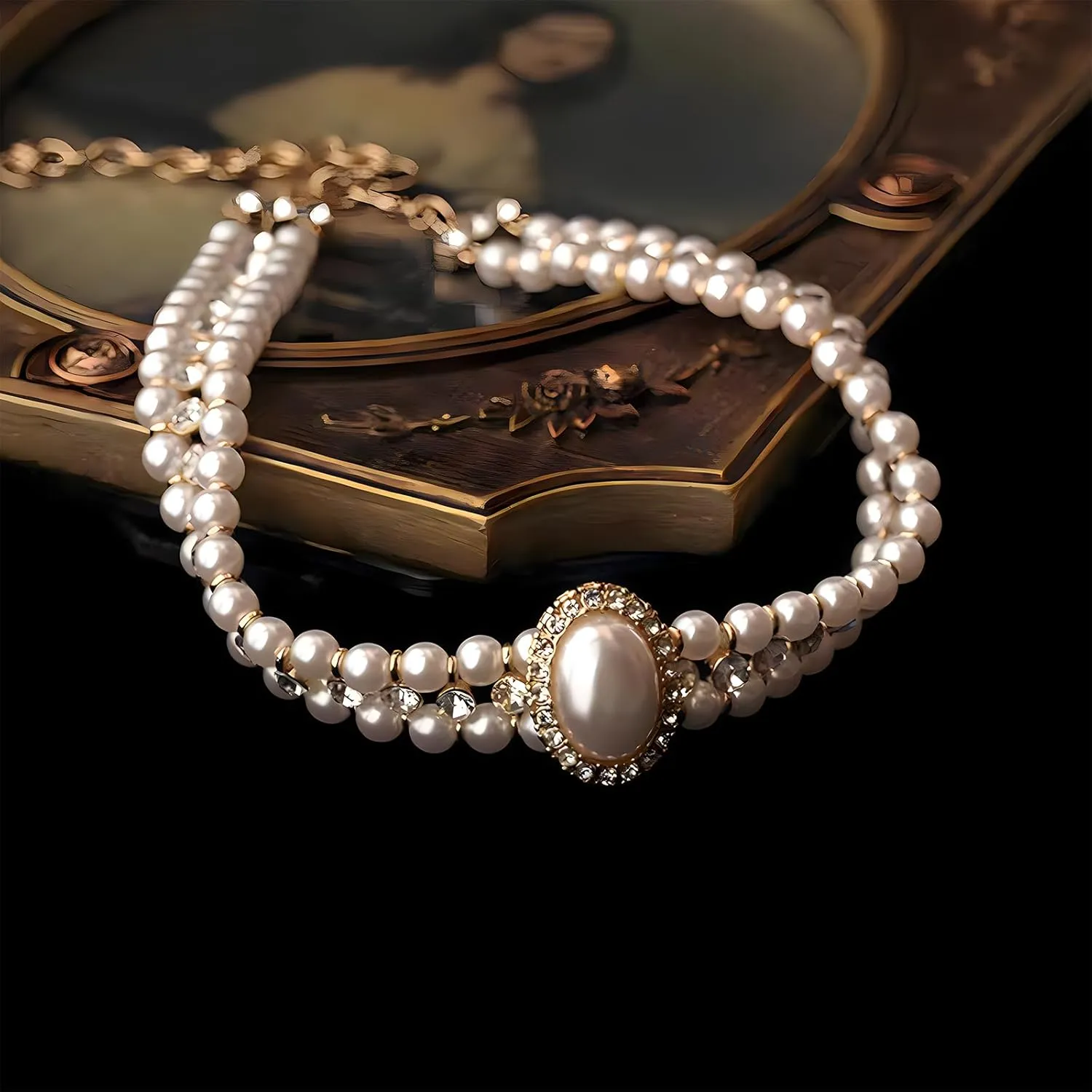 Pearl Choker Necklace for Women Gold Crystal Rhinestone Pearl Collar Statement Necklaces Earrings Bridal Pearls Diamond jewelry Set for Wedding
