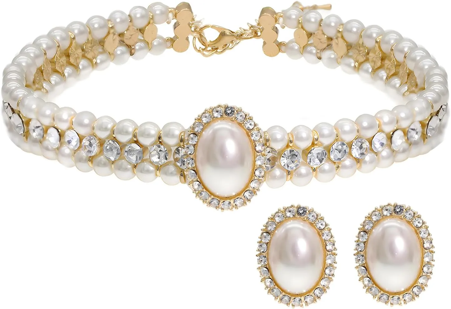 Pearl Choker Necklace for Women Gold Crystal Rhinestone Pearl Collar Statement Necklaces Earrings Bridal Pearls Diamond jewelry Set for Wedding