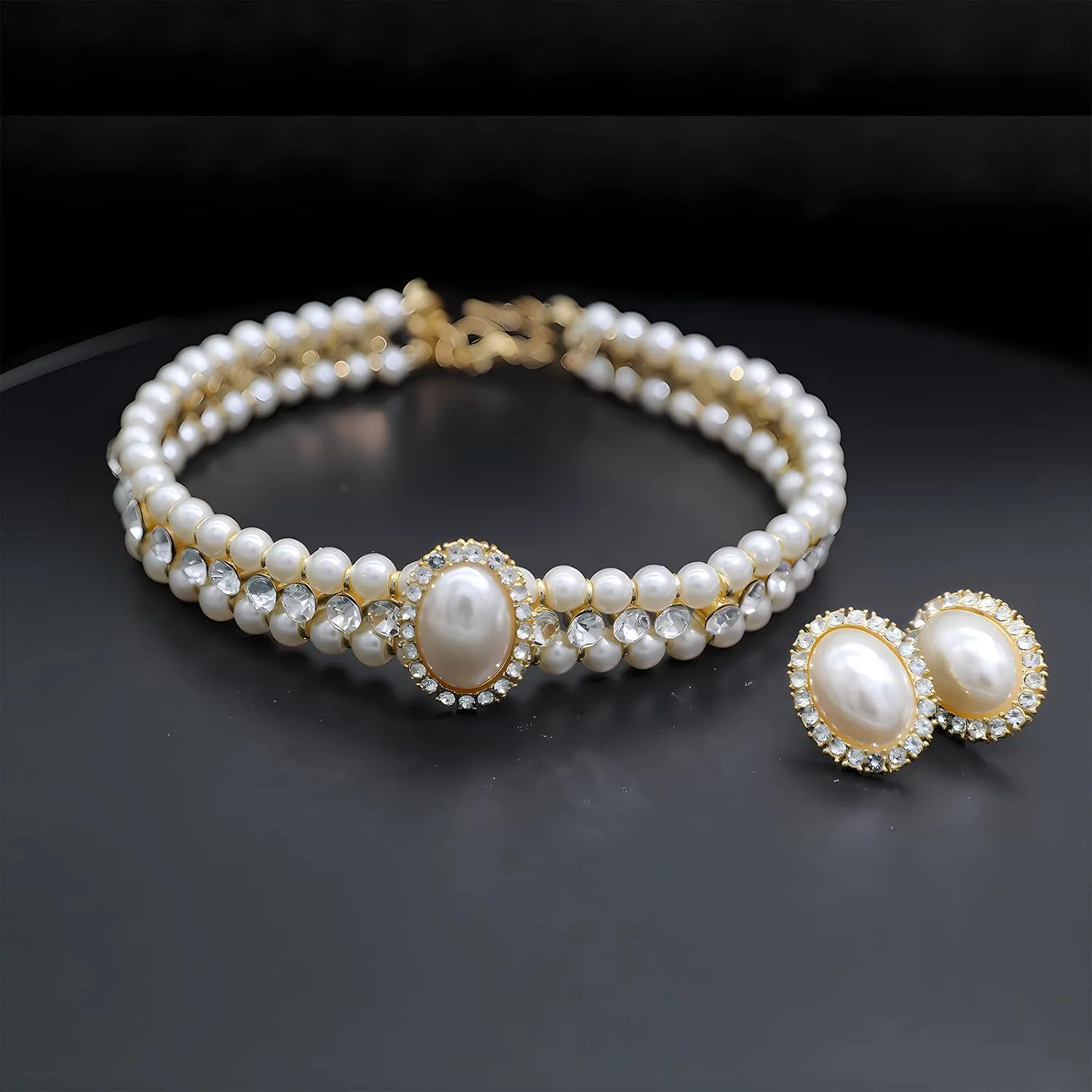 Pearl Choker Necklace for Women Gold Crystal Rhinestone Pearl Collar Statement Necklaces Earrings Bridal Pearls Diamond jewelry Set for Wedding