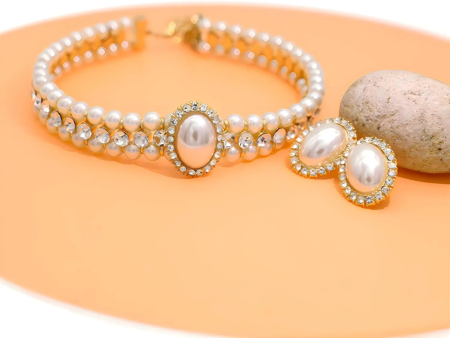 Pearl Choker Necklace for Women Gold Crystal Rhinestone Pearl Collar Statement Necklaces Earrings Bridal Pearls Diamond jewelry Set for Wedding