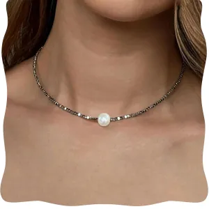 Pearl Choker Necklace, Hematite Necklace, Natural Stone Necklaces for Women, Handmade Choker Necklace for Prom Jewelry
