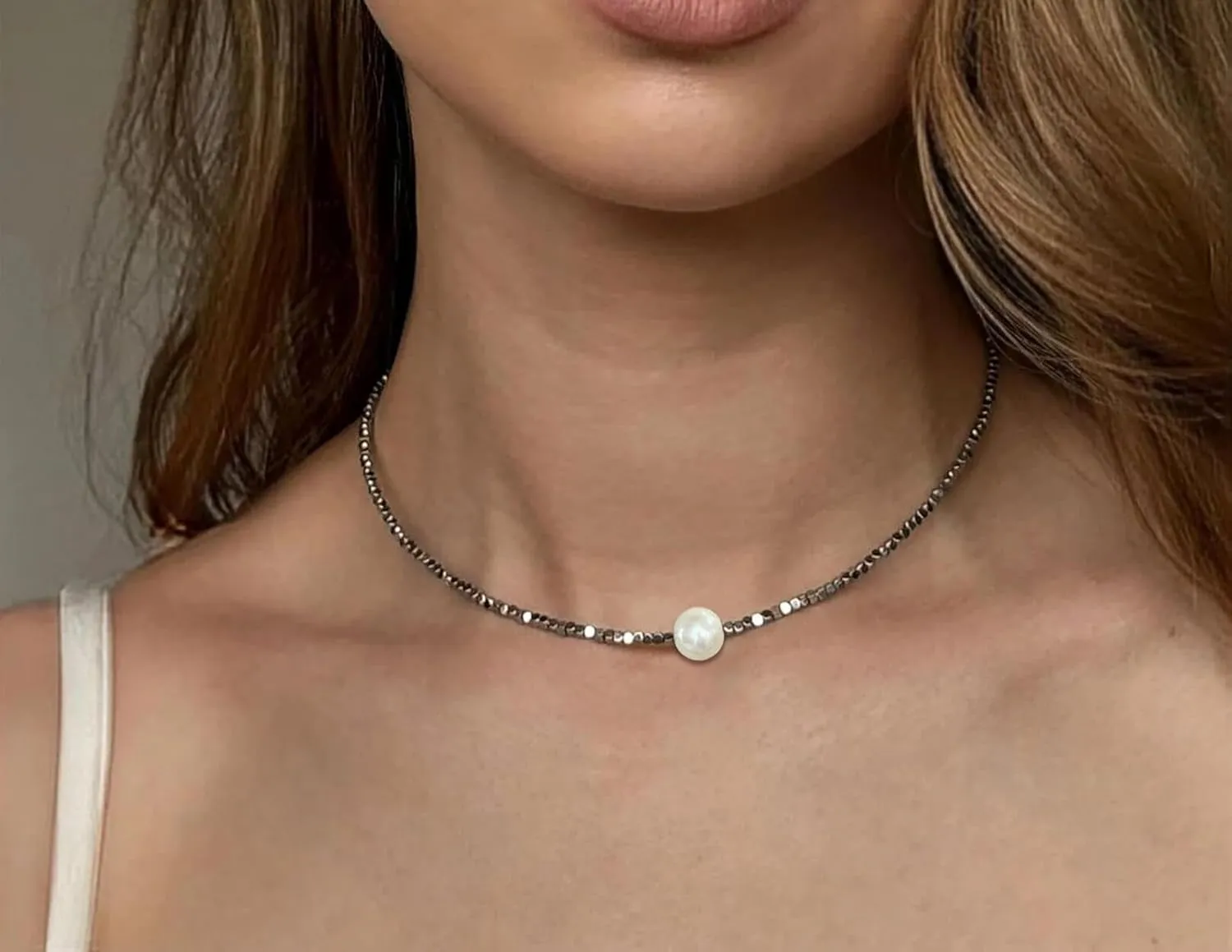 Pearl Choker Necklace, Hematite Necklace, Natural Stone Necklaces for Women, Handmade Choker Necklace for Prom Jewelry