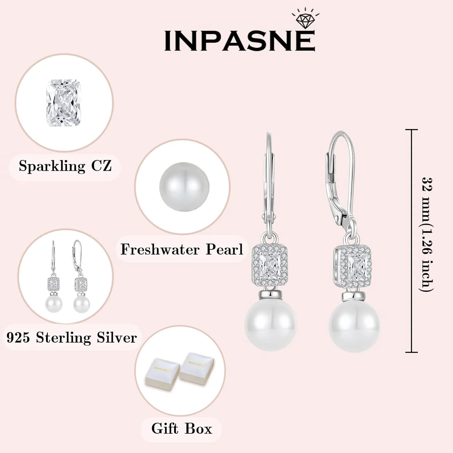 Pearl Drop Earrings Dangling 925 Sterling Silver Emerald Cut Leverback Earrings Birthstone Jewelry for Women