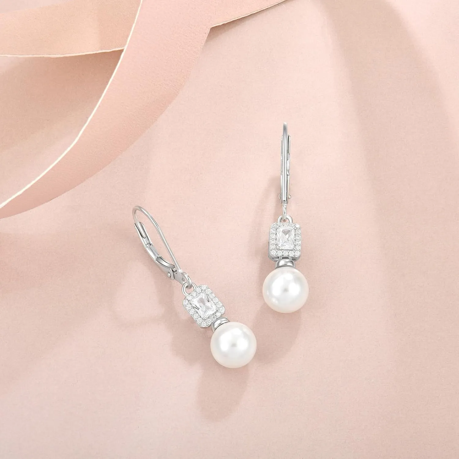Pearl Drop Earrings Dangling 925 Sterling Silver Emerald Cut Leverback Earrings Birthstone Jewelry for Women