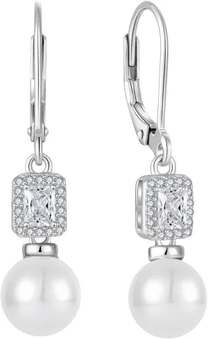 Pearl Drop Earrings Dangling 925 Sterling Silver Emerald Cut Leverback Earrings Birthstone Jewelry for Women