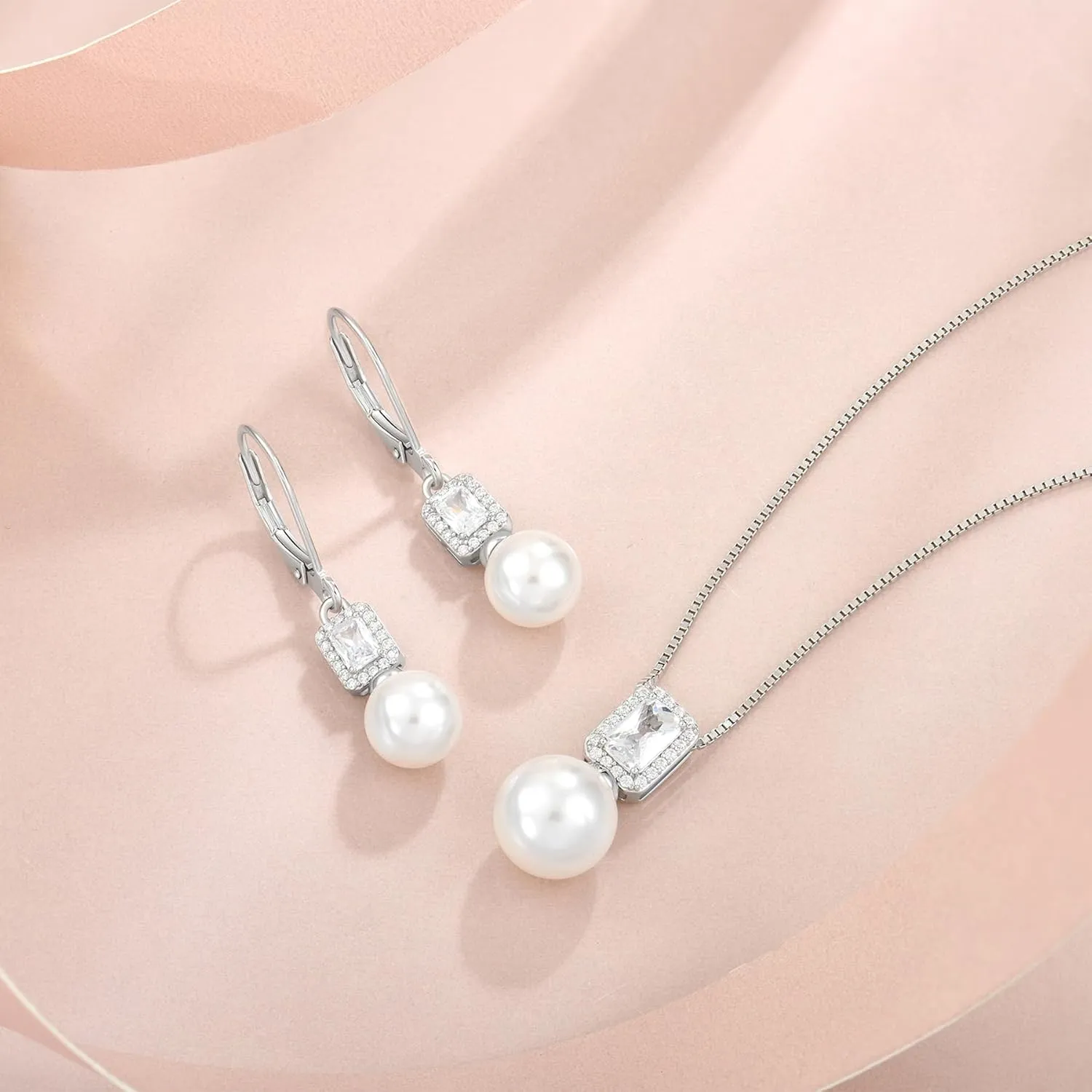 Pearl Drop Earrings Dangling 925 Sterling Silver Emerald Cut Leverback Earrings Birthstone Jewelry for Women