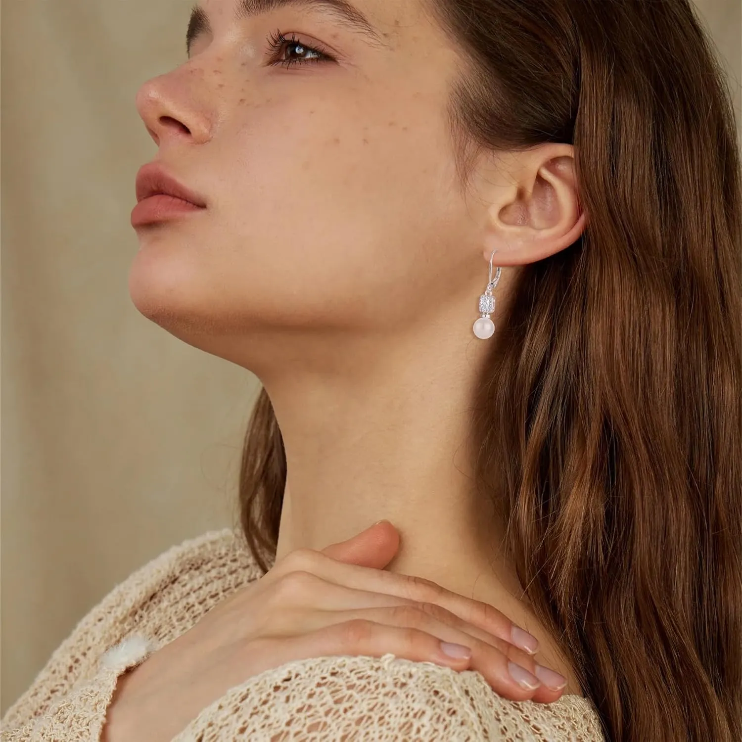 Pearl Drop Earrings Dangling 925 Sterling Silver Emerald Cut Leverback Earrings Birthstone Jewelry for Women
