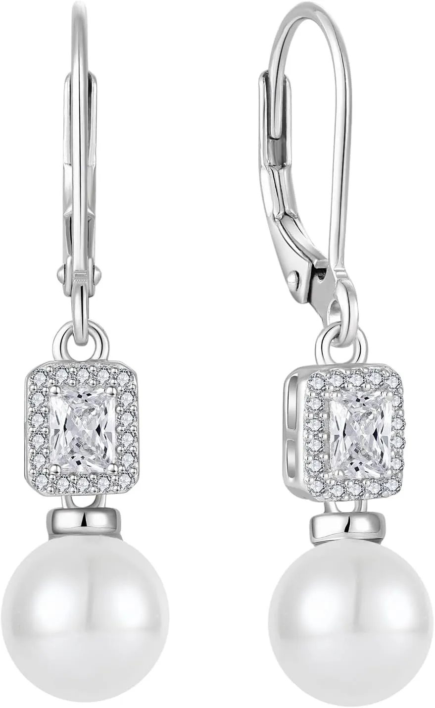 Pearl Drop Earrings Dangling 925 Sterling Silver Emerald Cut Leverback Earrings Birthstone Jewelry for Women