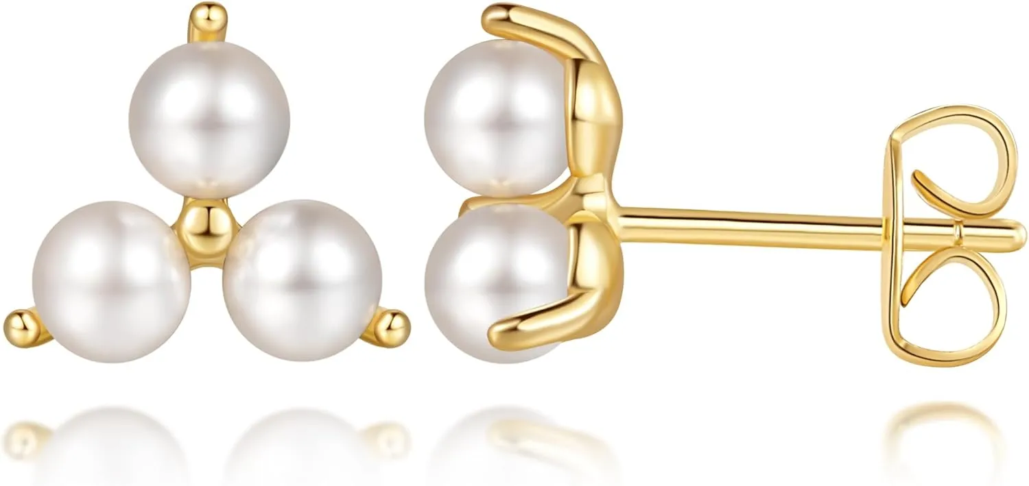 Pearl Earrings for Women 14K Gold Studs Earrings for Women Pearl Stud Earring for Womens Triangular Shape and Soft Luster Stud Earring for Womens 9mm