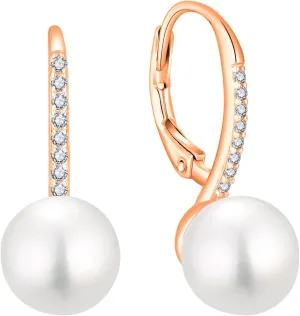 Pearl Earrings for Women 925 Sterling Silver Leverback Pearl Earrings Wedding Bride Cubic Zirconia Dangle Drop Earrings Jewelry Birthday gifts for Her
