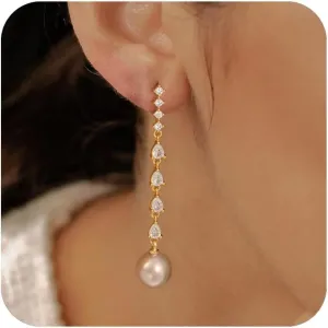 Pearl Earrings for Women, Gold Earrings for Women Trendy 14K Gold Pearl Dangle Drop Stud Earrings Dainty Hypoallergenic Cubic Zirconia Hoop Earrings Jewelry Gifts for Women