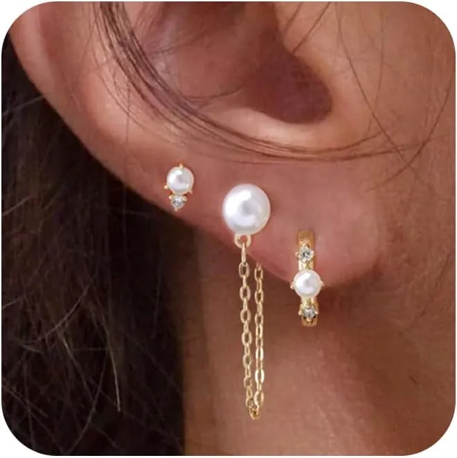 Pearl Earrings for Women,Dainty Gold Pearl Drop Earrings Freshwater Wedding Earrings for Brides Pearl Dangle Earrings Cute Small Pearl Hoop Earrings Jewelry