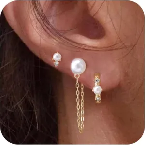 Pearl Earrings for Women,Dainty Gold Pearl Drop Earrings Freshwater Wedding Earrings for Brides Pearl Dangle Earrings Cute Small Pearl Hoop Earrings Jewelry