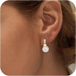 Pearl Earrings for Women,Dainty Wedding Earrings 14K Gold Plated Pearl Drop Earrings Hypoallergenic Stud Earrings for Women Trendy Simple Gold Bride Dangle Earrings Womens Jewelry