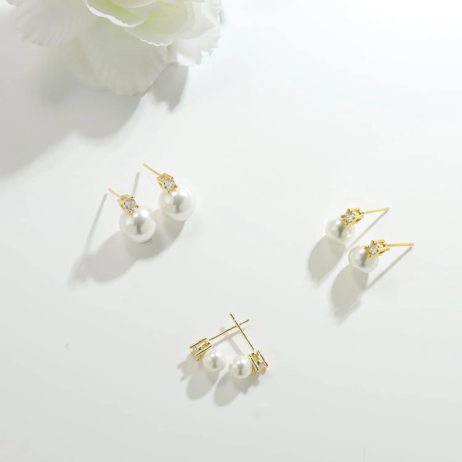 Pearl Earrings,6mm/8mm/10mm Gold/Silver Pearl Stud Earrings for Women Dainty 14K Gold CZ Diamond Earring Trendy Hypoallergenic Wedding Earring for Women Bridesmaid Gift