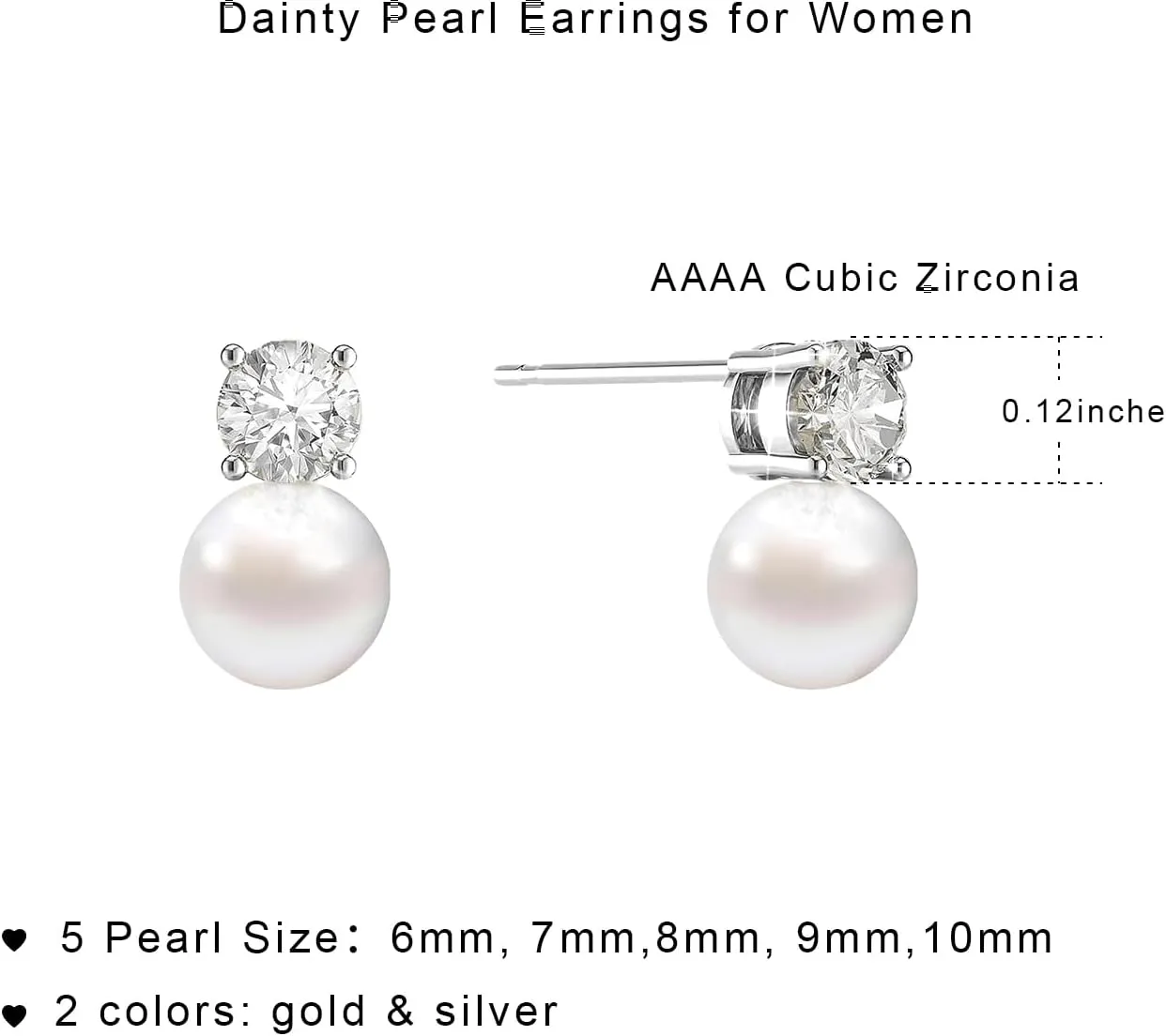 Pearl Earrings,6mm/8mm/10mm Gold/Silver Pearl Stud Earrings for Women Dainty 14K Gold CZ Diamond Earring Trendy Hypoallergenic Wedding Earring for Women Bridesmaid Gift