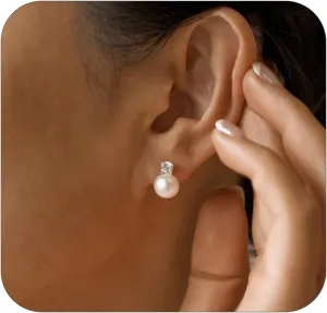 Pearl Earrings,6mm/8mm/10mm Gold/Silver Pearl Stud Earrings for Women Dainty 14K Gold CZ Diamond Earring Trendy Hypoallergenic Wedding Earring for Women Bridesmaid Gift