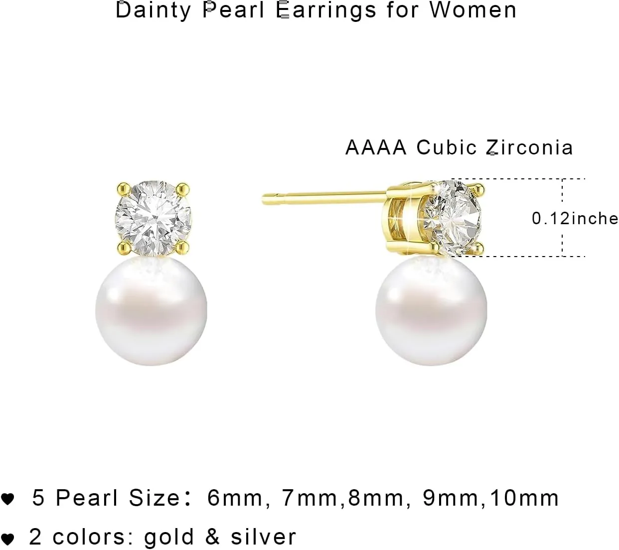 Pearl Earrings,6mm/8mm/10mm Gold/Silver Pearl Stud Earrings for Women Dainty 14K Gold CZ Diamond Earring Trendy Hypoallergenic Wedding Earring for Women Bridesmaid Gift
