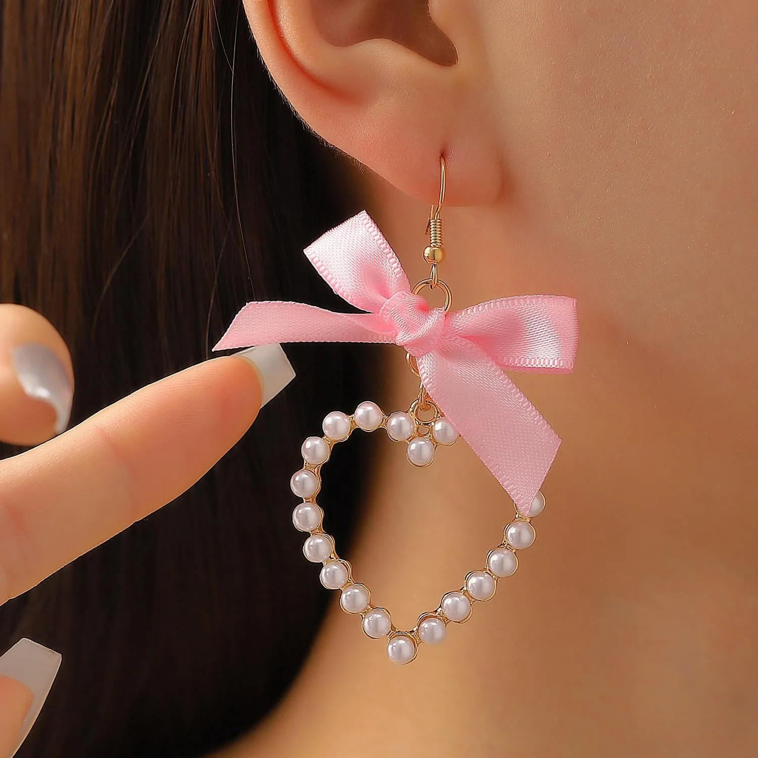 Pearl Heart Earrings for Women Pearl Heart Bow Earrings Pink Heart Bow Earrings Statement Heart Earrings Pearl Wedding Drop Earring Valentines Christmas Mothers Day Jewelry