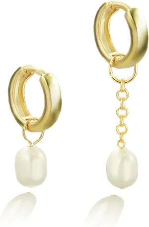 Pearl Hoop Earrings for Women, Fresh Water Pearl Gold Earrings, 18K Gold Plated Dainty Drop Dangle Earrings, Minimalist Pearl Earrings for Women