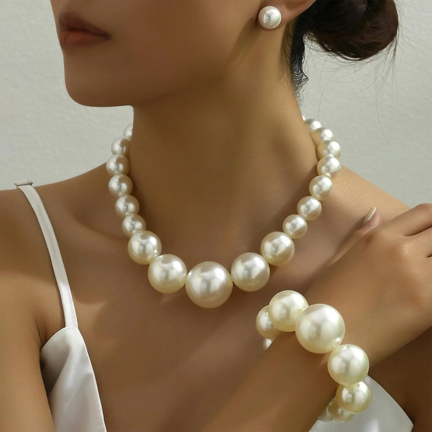 Pearl Jewelry Set for Women Trendy Pearl Necklace and Earring Set Big Pearls Earrings Chunky Pearls Necklaces for Women Wedding Jewelry for Bride Bridesmaid