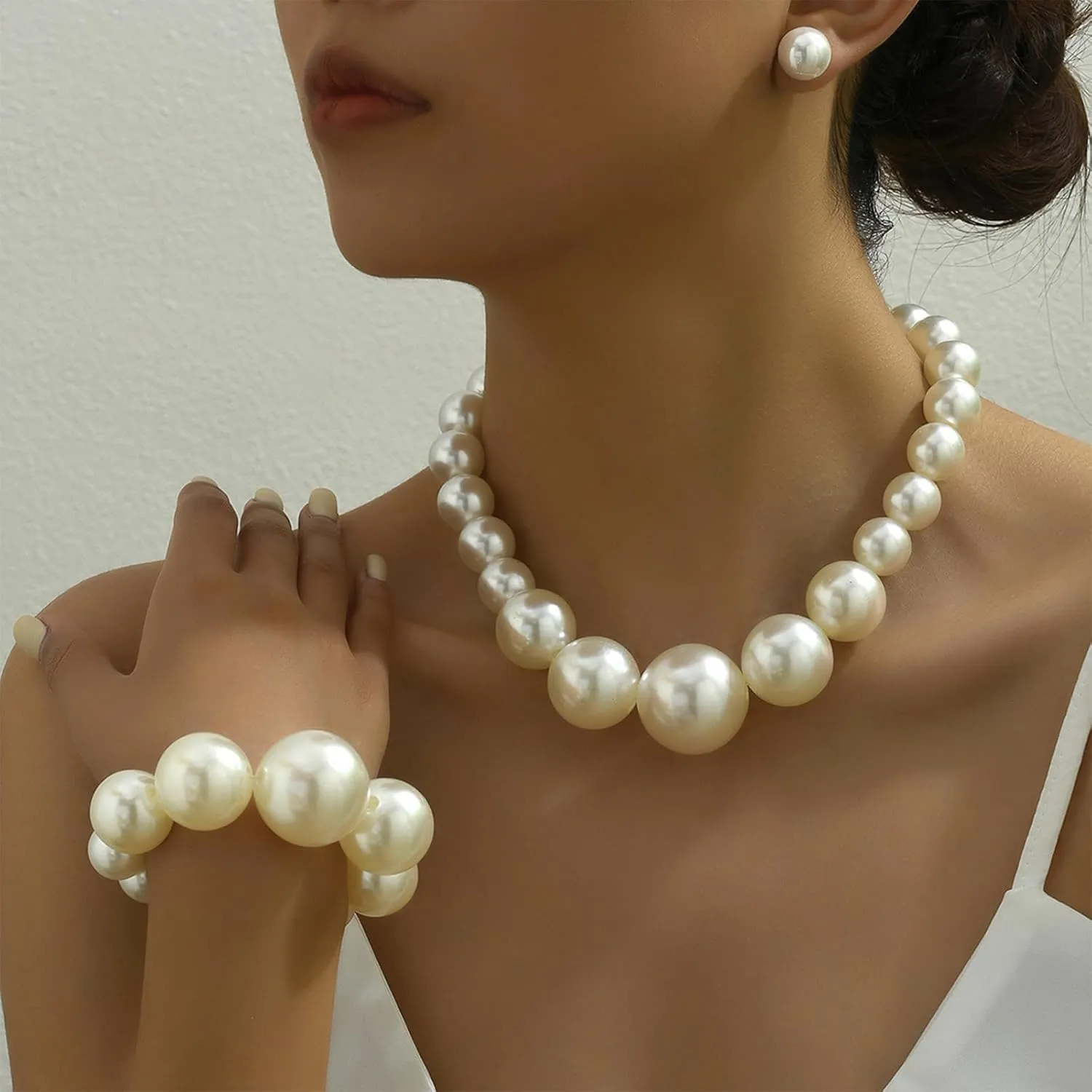 Pearl Jewelry Set for Women Trendy Pearl Necklace and Earring Set Big Pearls Earrings Chunky Pearls Necklaces for Women Wedding Jewelry for Bride Bridesmaid