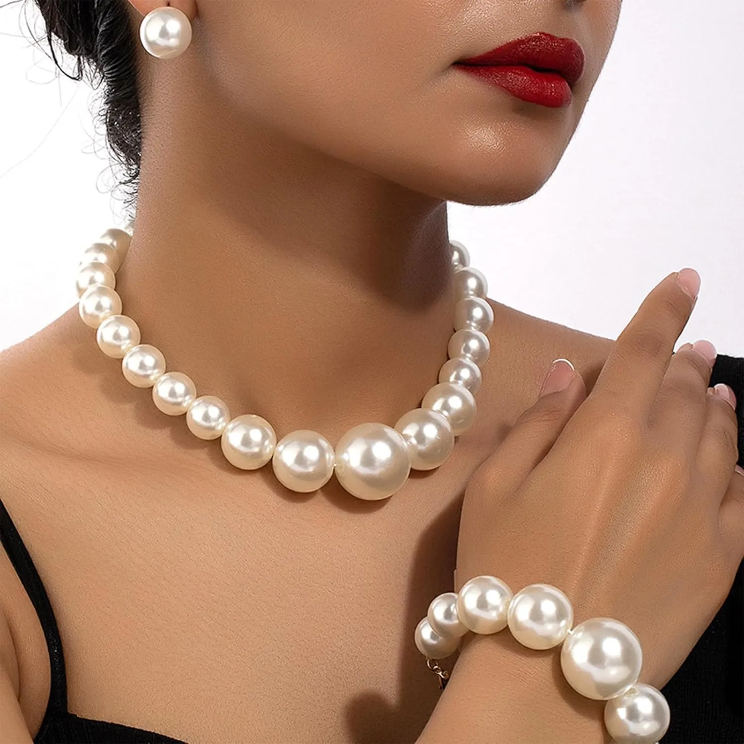 Pearl Jewelry Set for Women Trendy Pearl Necklace and Earring Set Big Pearls Earrings Chunky Pearls Necklaces for Women Wedding Jewelry for Bride Bridesmaid