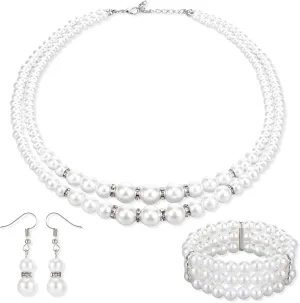 Pearl Jewelry Set for Women, White Pearl Necklace and Earring Set Bracelets for Women Costume Necklace, Bride Necklace Set Wedding Jewelry Sets for Bridal Tea Party Accessories