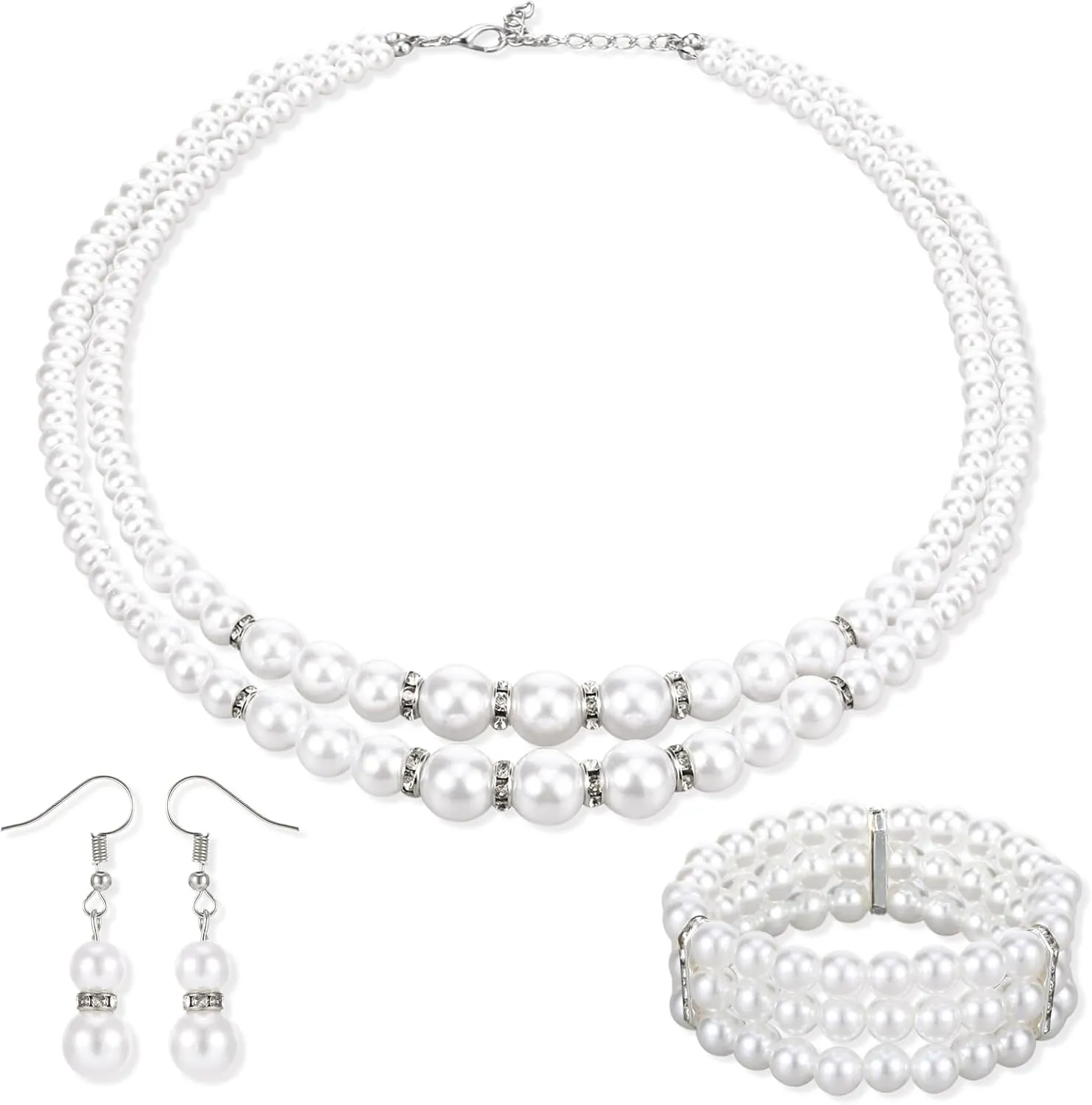 Pearl Jewelry Set for Women, White Pearl Necklace and Earring Set Bracelets for Women Costume Necklace, Bride Necklace Set Wedding Jewelry Sets for Bridal Tea Party Accessories