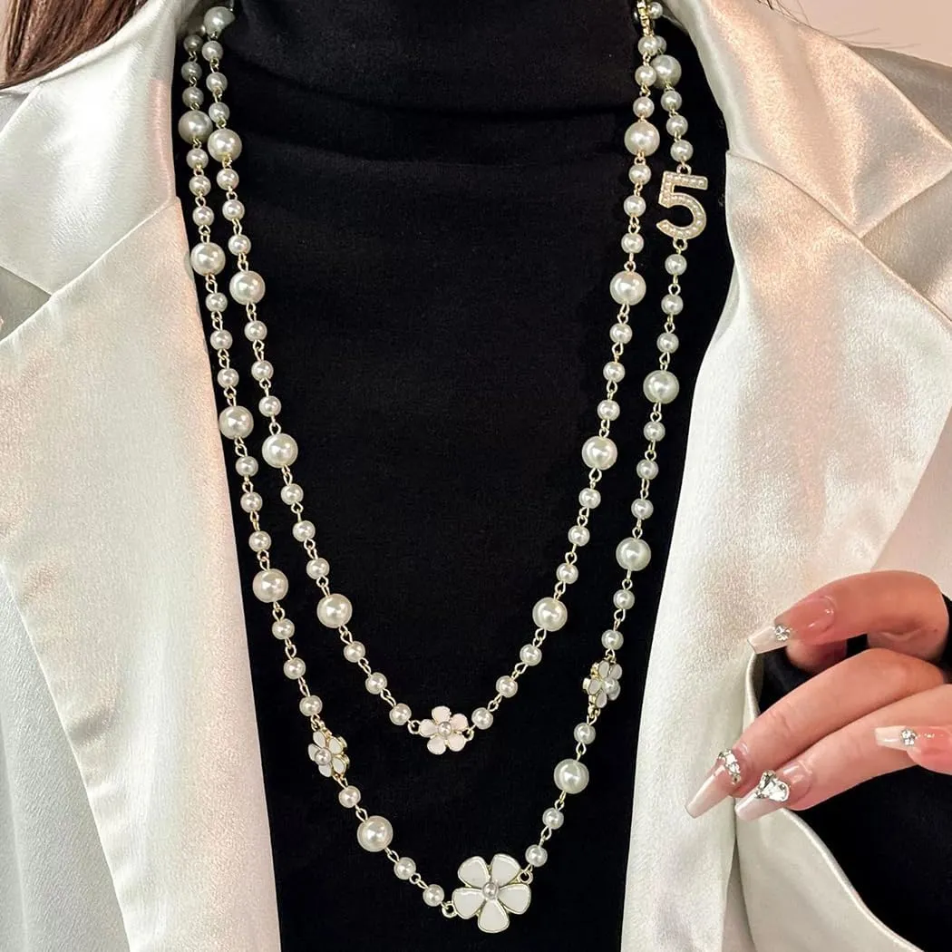 Pearl Long Necklaces Layered Charm Sweater Necklace Flower Number 5 Imitation Gold Necklace for Women