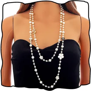 Pearl Long Necklaces Layered Charm Sweater Necklace Flower Number 5 Imitation Gold Necklace for Women