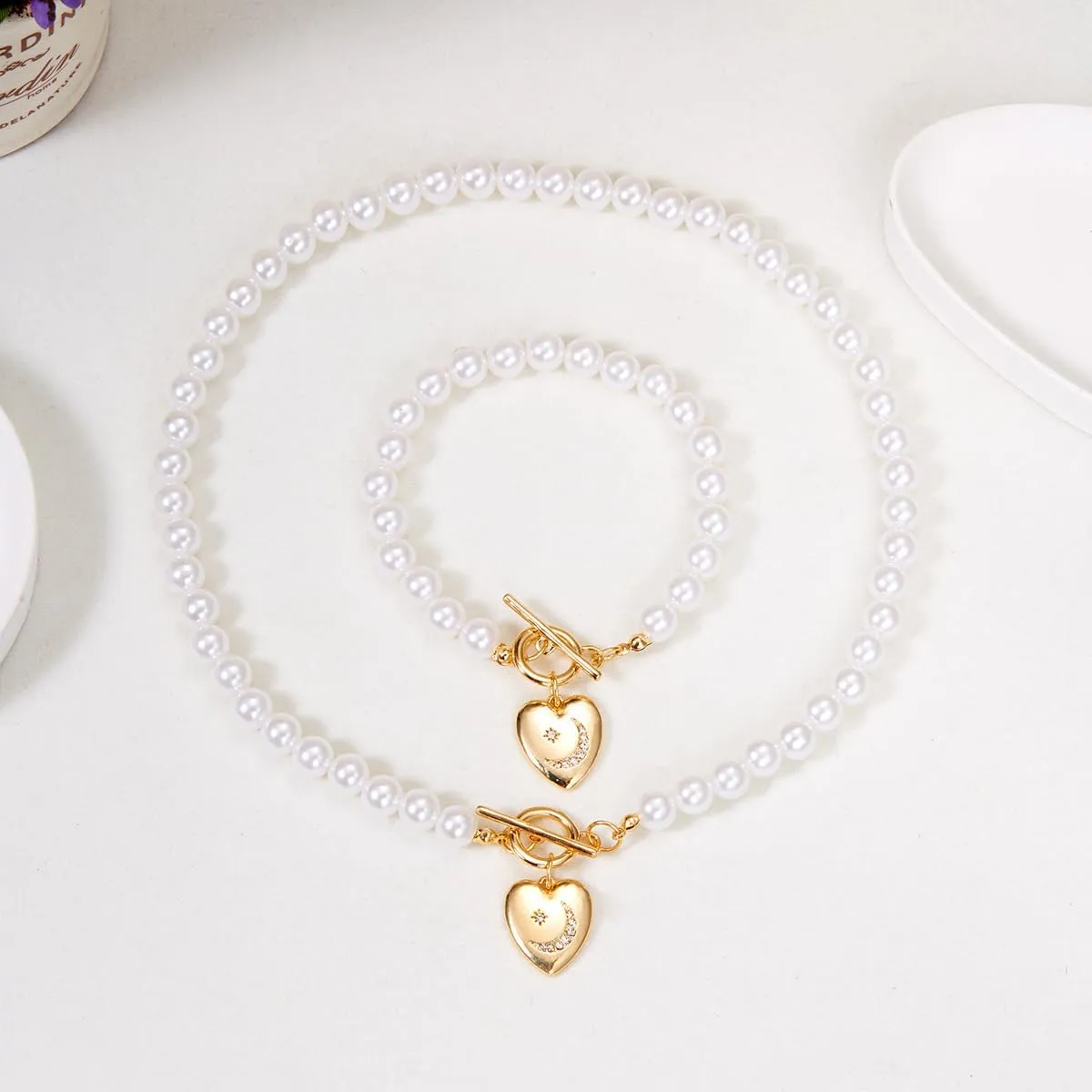 Pearl Necklace & Bracelet Set - 8mm Pearl Choker & Bracelet Dainty Wedding & Bridesmaid Jewelry