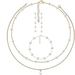 Pearl Necklace and Earring set - 4PCS Pearl Jewelry Set for Women Adjustable Gold Plated Layered Pearl Choker Necklace Pearl Bracelet Pearl Earrings Set Trendy Valentines Gift