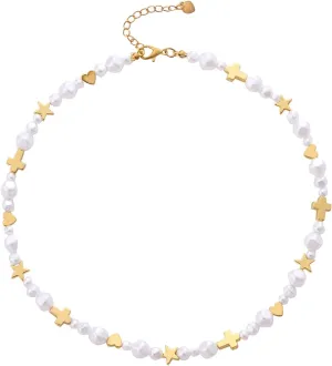 Pearl Necklace for Women 18K Gold Plated Cross Star Heart Pearl Choker Everyday Necklaces Christmas Birthday Jewelry Gift