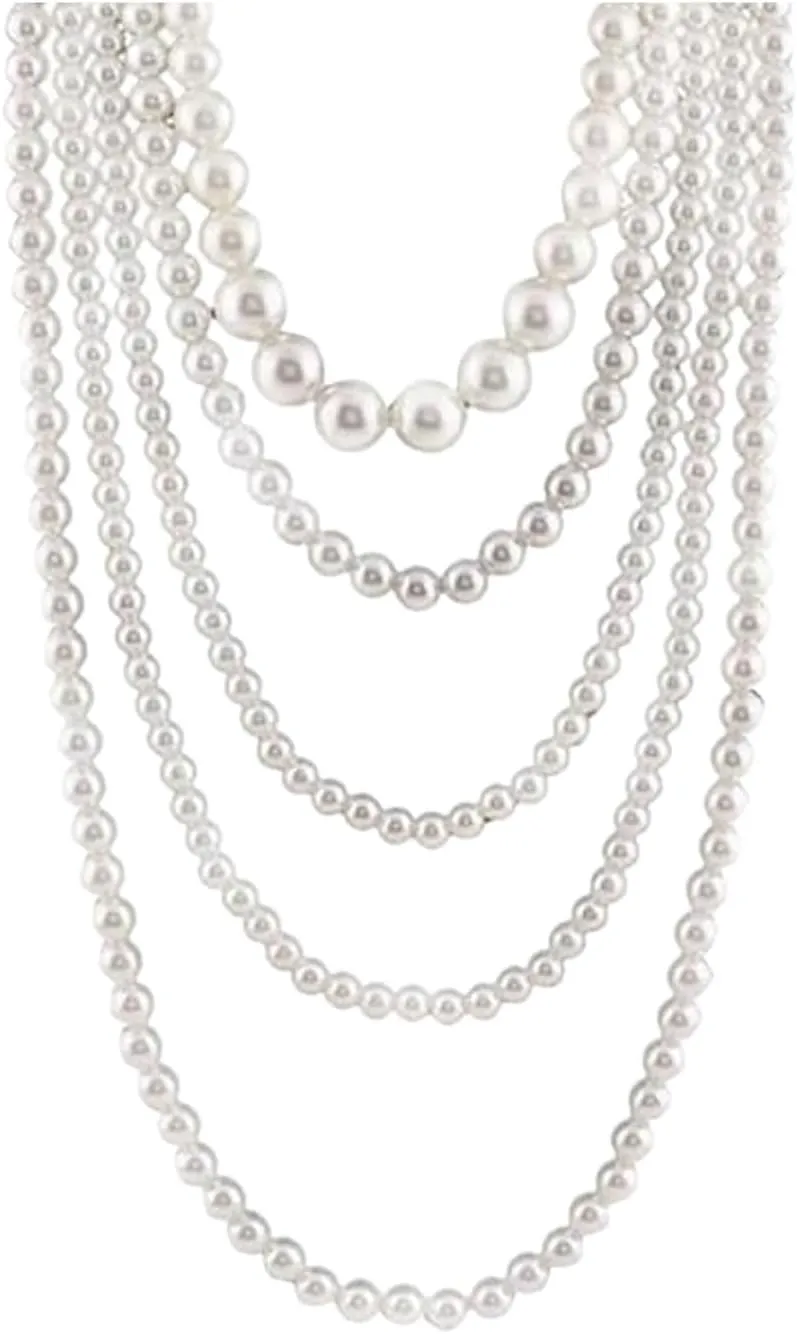 Pearl Necklace for Women Multi Long Strand Layered Pearl Necklaces Chunky Large White Faux Pearls Costume Jewelry Vintage Multistrand Necklace Stacked Strands for Women Flapper 1920s Style