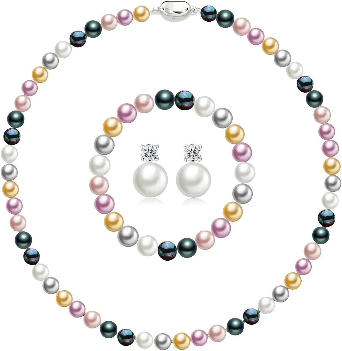 Pearl Necklaces for Women,8mm Pearl Necklace and Earring Bracelet Jewelry Set for Women Men Wedding Birthday Valentine Christmas Day Gifts