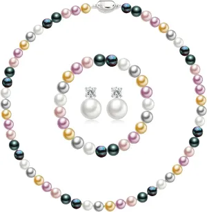Pearl Necklaces for Women,8mm Pearl Necklace and Earring Bracelet Jewelry Set for Women Men Wedding Birthday Valentine Christmas Day Gifts