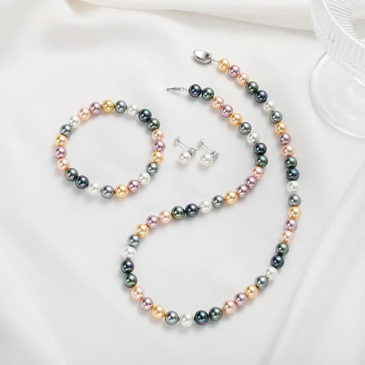 Pearl Necklaces for Women,8mm Pearl Necklace and Earring Bracelet Jewelry Set for Women Men Wedding Birthday Valentine Christmas Day Gifts