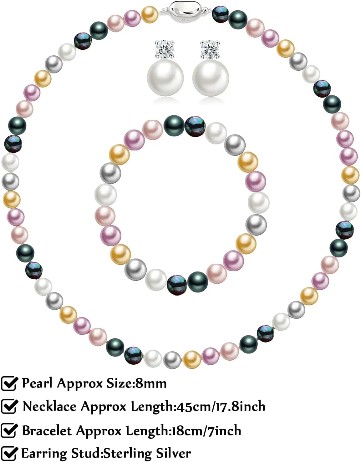 Pearl Necklaces for Women,8mm Pearl Necklace and Earring Bracelet Jewelry Set for Women Men Wedding Birthday Valentine Christmas Day Gifts