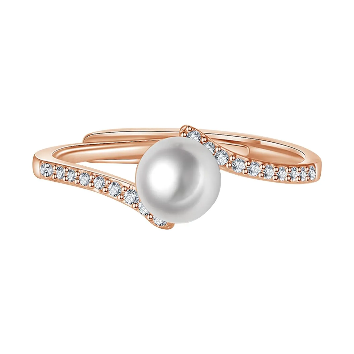 Pearl Proposal Ring Inlaid Zircon Wedding Band for Bride Simulated Diamond Engagement Ring Woman Adjustable Rings (Rose Gold, One Size)