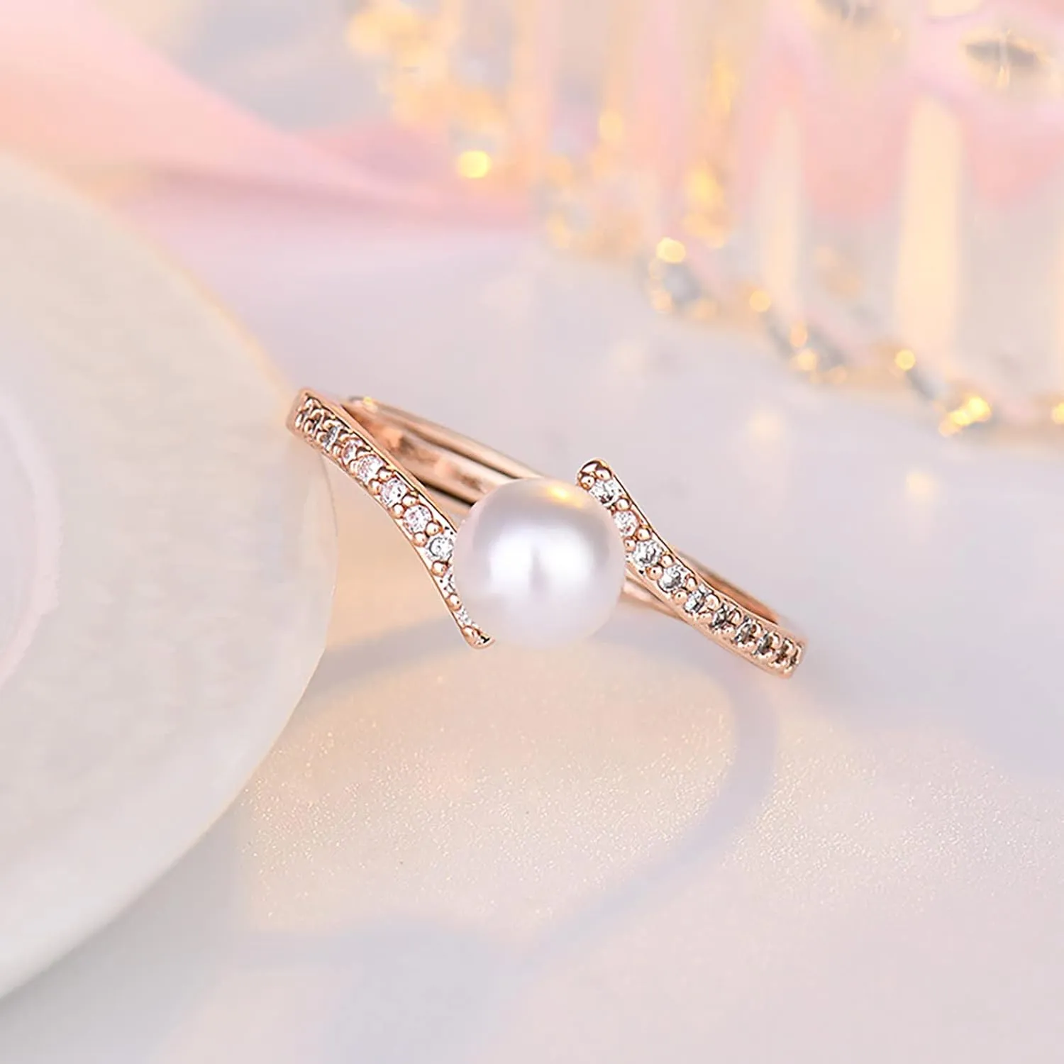 Pearl Proposal Ring Inlaid Zircon Wedding Band for Bride Simulated Diamond Engagement Ring Woman Adjustable Rings (Rose Gold, One Size)
