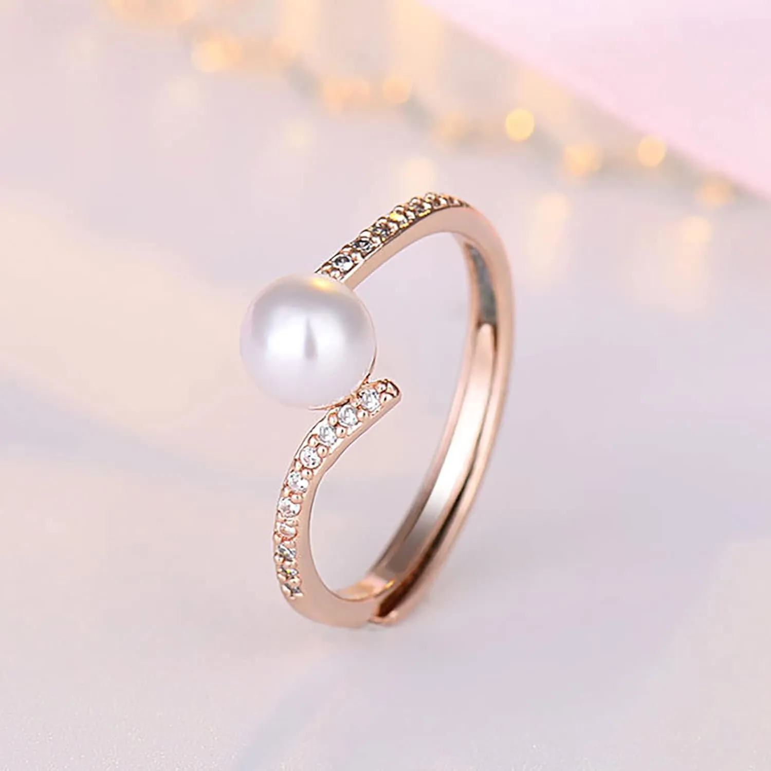 Pearl Proposal Ring Inlaid Zircon Wedding Band for Bride Simulated Diamond Engagement Ring Woman Adjustable Rings (Rose Gold, One Size)