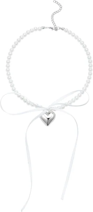 Pearl Ribbon Bow Choker Necklaces Y2k Coquette Pearl Necklace with Heart Bow Necklace for Women