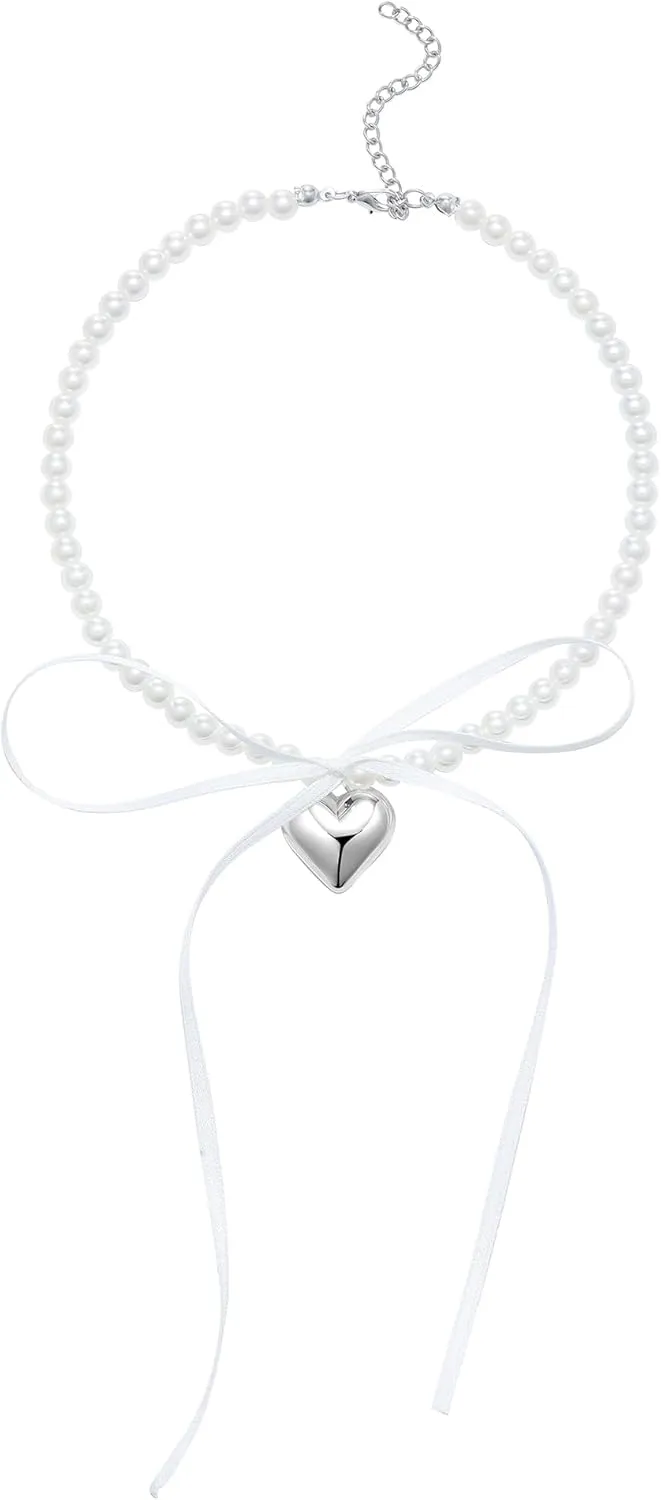 Pearl Ribbon Bow Choker Necklaces Y2k Coquette Pearl Necklace with Heart Bow Necklace for Women